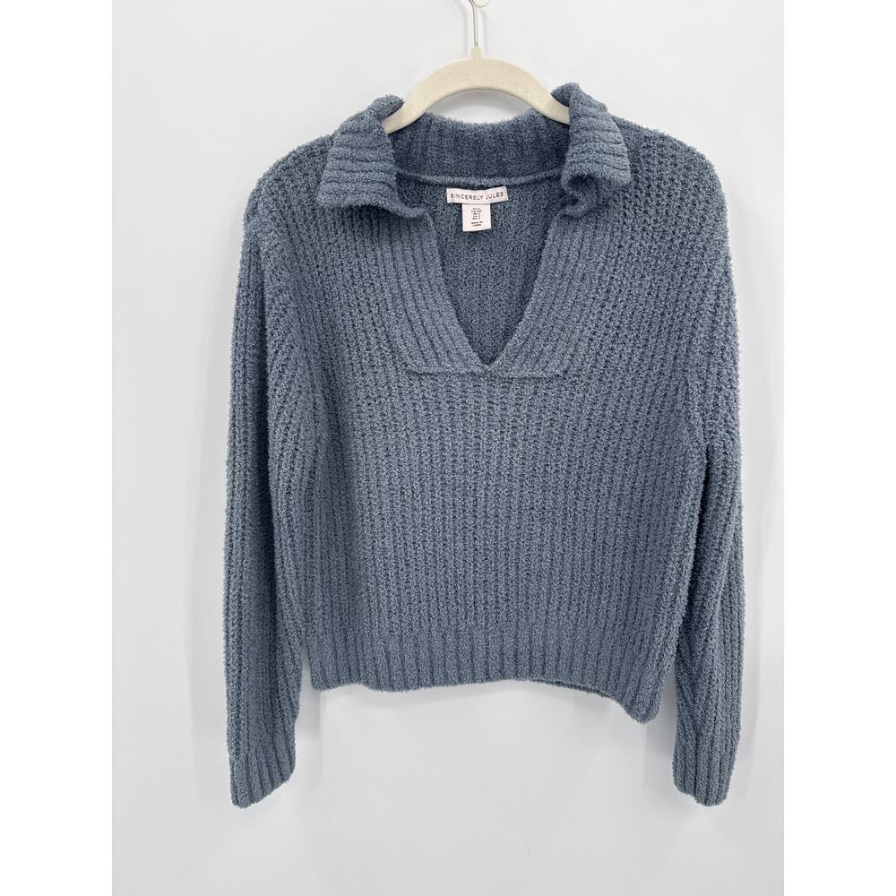 Sincerly Jules Fuzzy Knit Lounge Set Collared Sweater Pants Blue Size Small - Picture 2 of 12